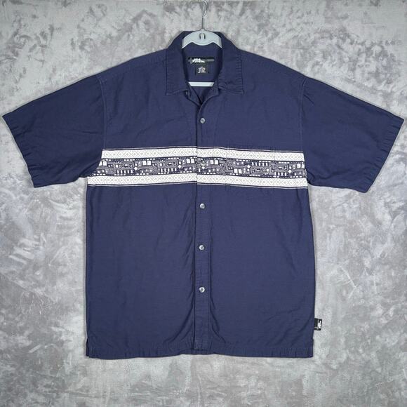 Vintage No Fear Button Down Shirt Navy Blue Tribal Stripe Men’s L - Picture 1 of 5